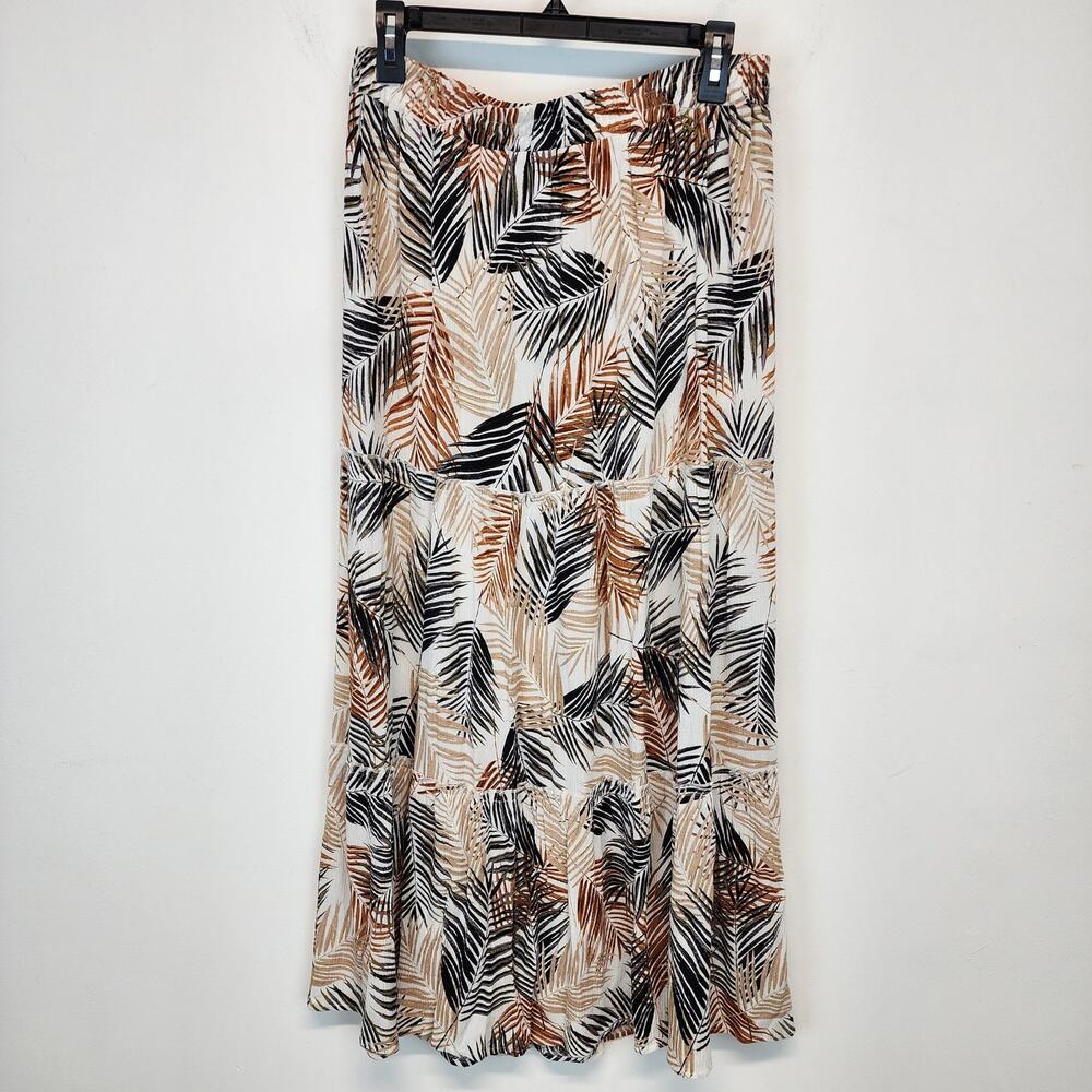 Robert Louis Tropical Print Maxi Skirt Size L Brown Tiered 100% Rayon Vacation